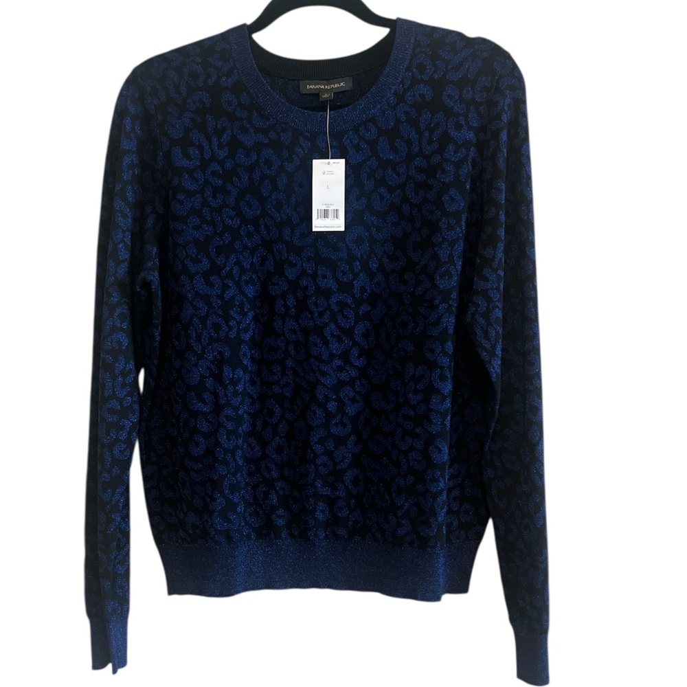 Banana Republic Black And Blue Leopard Print Round Neck Long Sleeve Sweater Lg